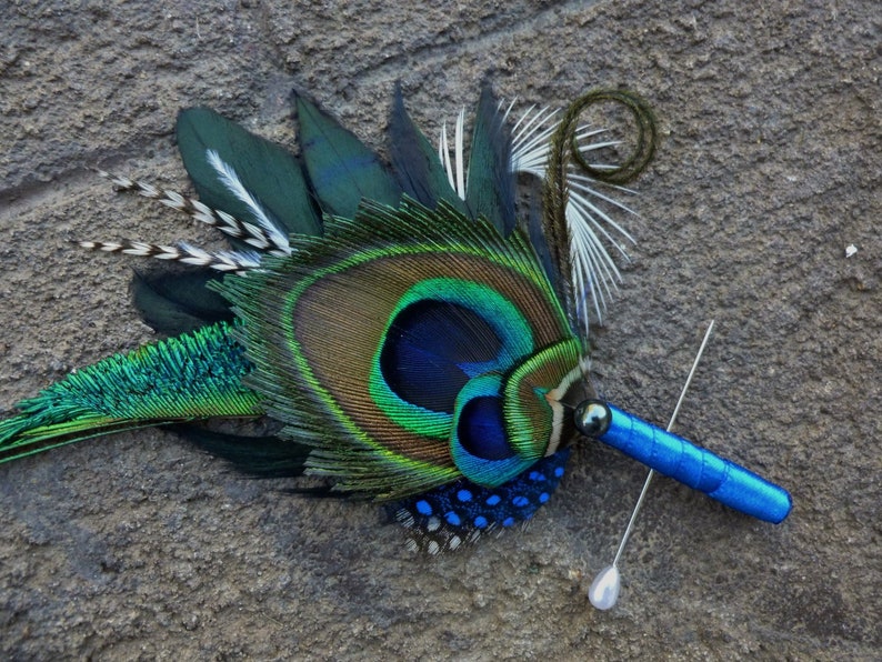 Peacock boutonniere, button hole, peacock feather, wedding, customize ribbon color to match your wedding colors image 2