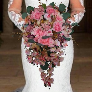 Cascading bridal bouquet, Pink dahlia, rose, orchid, eucalyptus, baby&#39;s breath cascading faux flower bouquet