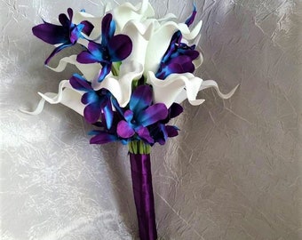 Calla lily purple blue orchid bouquet, bridesmaids bouquet, small bridal bouquet