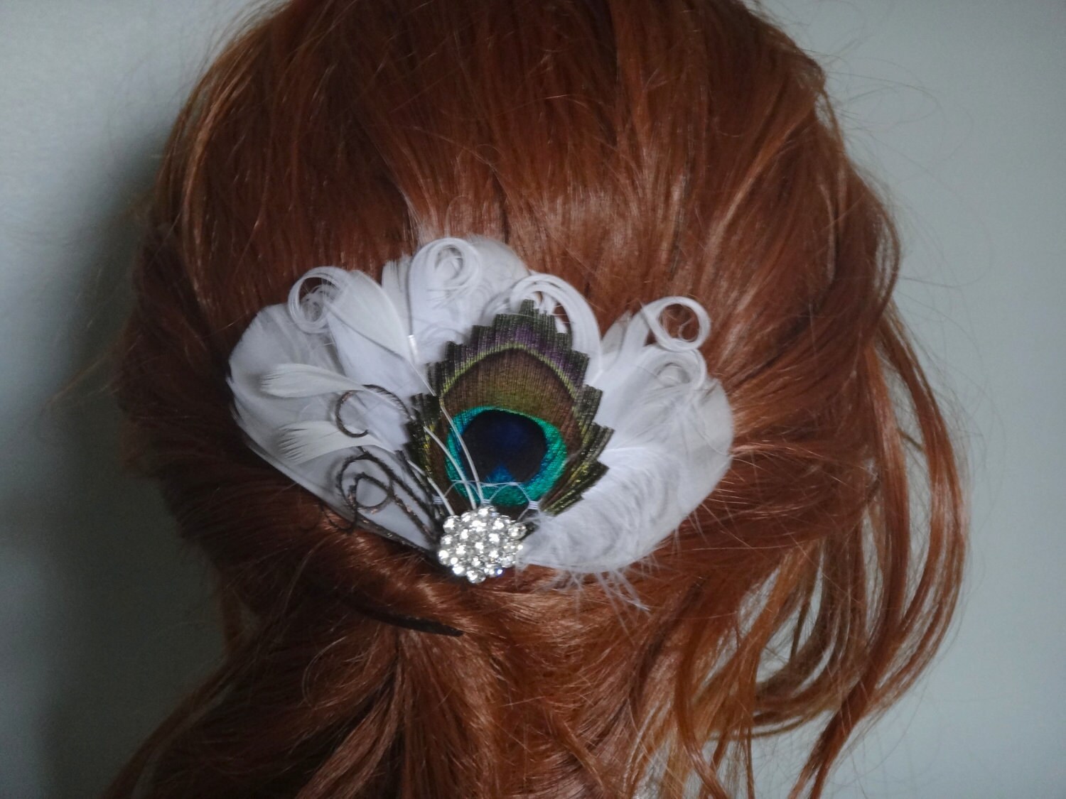 Bridal feather hair piece peacock white feathers ...