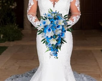 Beach wedding, cascading bridal bouquet, calla lily, blue orchids, plumerias, exotic bouquet, frangipani bouquet