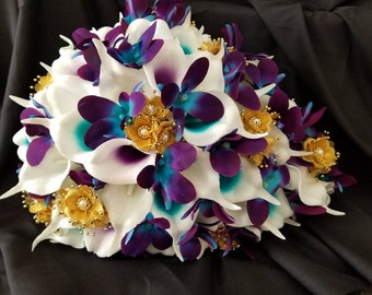 Real touch calla lily, gold, galaxy orchid, purple, teal, orchid bridal bouquet, teardrop bouquet, island orchid, artificial flowers