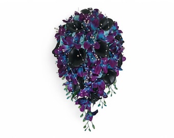 Galaxy purple turquoise orchid cascading bridal bouquet, black calla, artificial flowers,  galaxy wedding