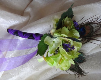 Lime green Hydrangea bouquet purple and peacock feather accent, for bridesmaids, bridal toss bouquet