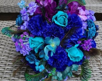 Peacock bridal bouquet, teal, purple, blue bridal bouquet with peacock feather accent