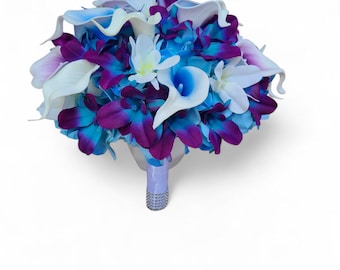 Galaxy orchid bridal bouquet, calla lily, blue, turquoise purple bouquet, faux flower, bridal bouquet, real touch calla, Singapore orchids