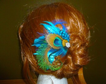 Peacock rhinestone feather hair piece