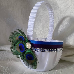 Peacock Wedding Basket Flower Girl Ceremony Accessory Blue Purple Feather Decoration Elegant Design Jewel Tone Satin Trim Customizable
