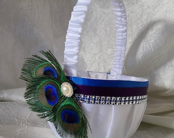 Peacock Wedding Basket Flower Girl Ceremony Accessory Blue Purple Feather Decoration Elegant Design Jewel Tone Satin Trim Customizable
