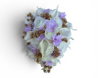 Ivory, gold, lilac cascading bridal bouquet, real touch calla lily, gold rhinestones, rose, orchid cascade bride bouquet,artificial flowers