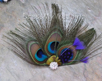 Pauwenhaarspeld, tovenaar, haaraccessoires, vervang groen/blauw door je trouwkleur