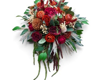 Bouquet de mariée d'automne, fleurs pour cérémonie de mariage automnale, terracotta, crème, bordeaux, orange brûlé, rouge foncé, fleurs artificielles