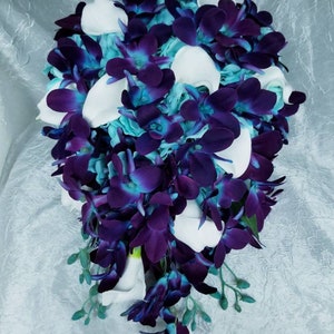 Galaxy orchid cascading bridal bouquet, purple blue orchids, artificial flowers