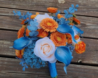 Dusty Blue and Orange Bridal Bouquet, Calla Lilies, Eucalyptus, Hydrangeas, Mums, Ranunculus, Fall Wedding Bouquet, Modern Rustic Flowers