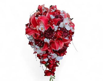 Red, wine, white cascading teardrop bouquettiger lily, peony, orchid