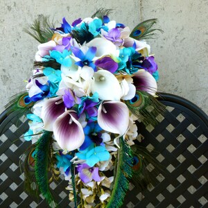 Cascading bridal bouquet, picasso callas, turquoise, champagne ivory hydrangeas, real touch calla lilies, purple blue orchids