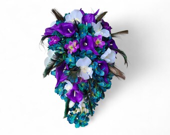 Teal Cascading Bouquet: Picasso Calla Lilies, Plum Hydrangeas