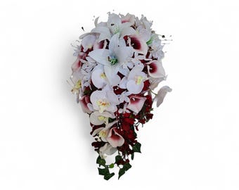 Cascading Burgundy bridal bouquet with picasso calla lilies, lilies, orchids, burgundy hydrangeas, pearl accent, plum and white bouquet