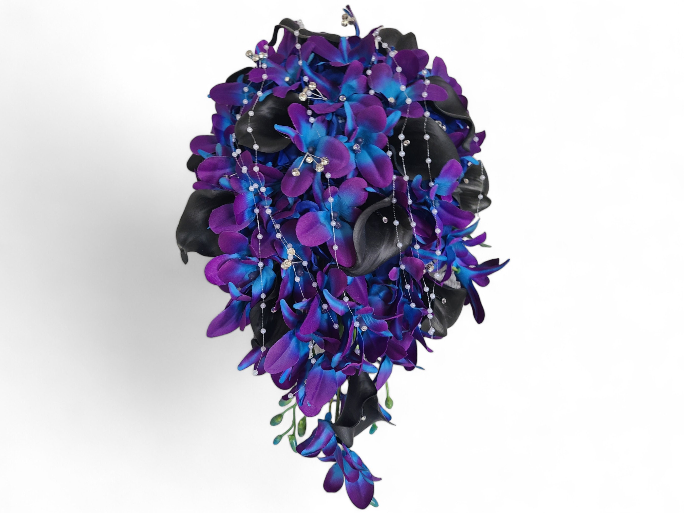 Galaxy purple blue orchid cascading bridal bouquet, black calla, artificial flowers