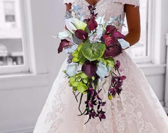 Modern Bridal Bouquet Tropical Wedding Flower Arrangement Burgundy Calla Lily Design Plum Orchid Anthurium Cascade Real Touch Amaranthus