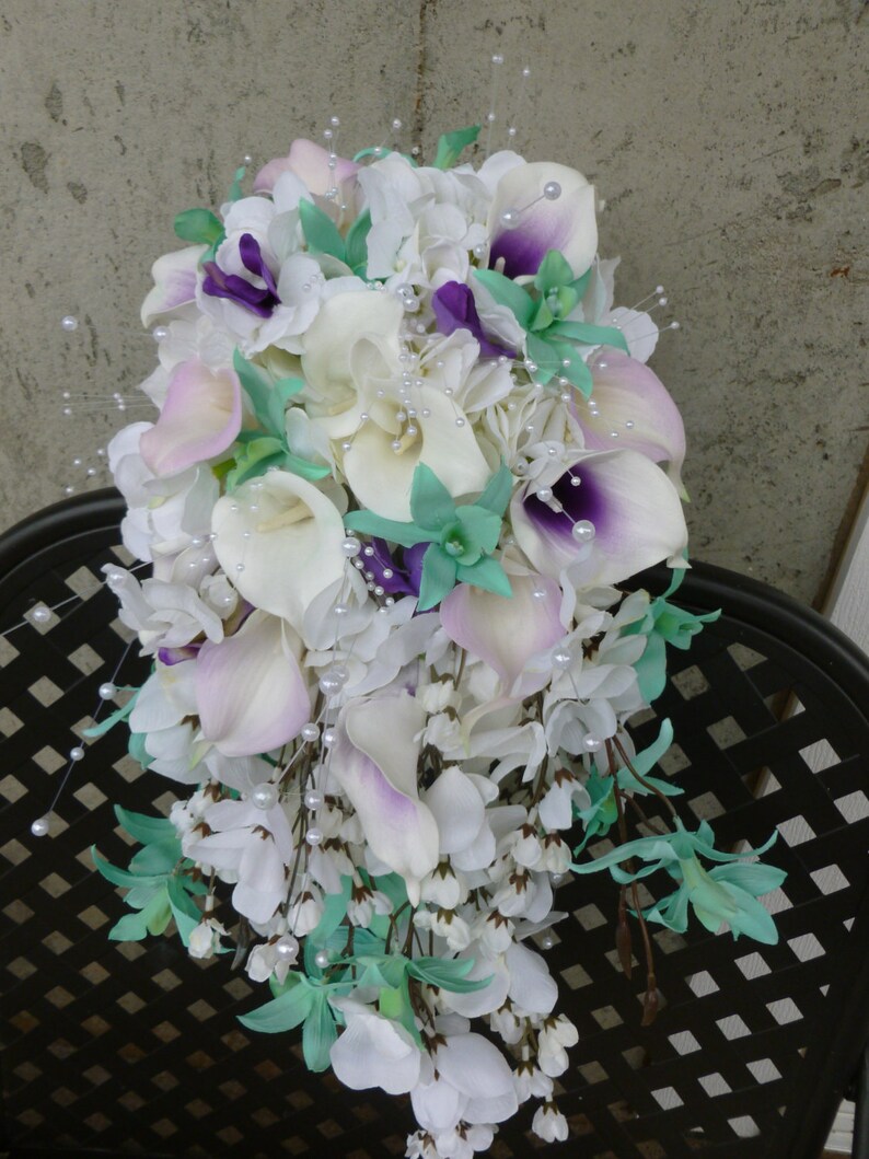 Calla Lily Orchid Cascading Bouquet Bright Mint Lavender Etsy