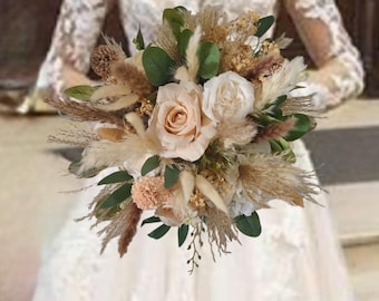 Beige Champagne Bouquet Wedding Flowers Autumn Wedding Bouquet Rust Cinnamon Artificial Boho Ivory Roses Pampas Grass Rustic Decoration