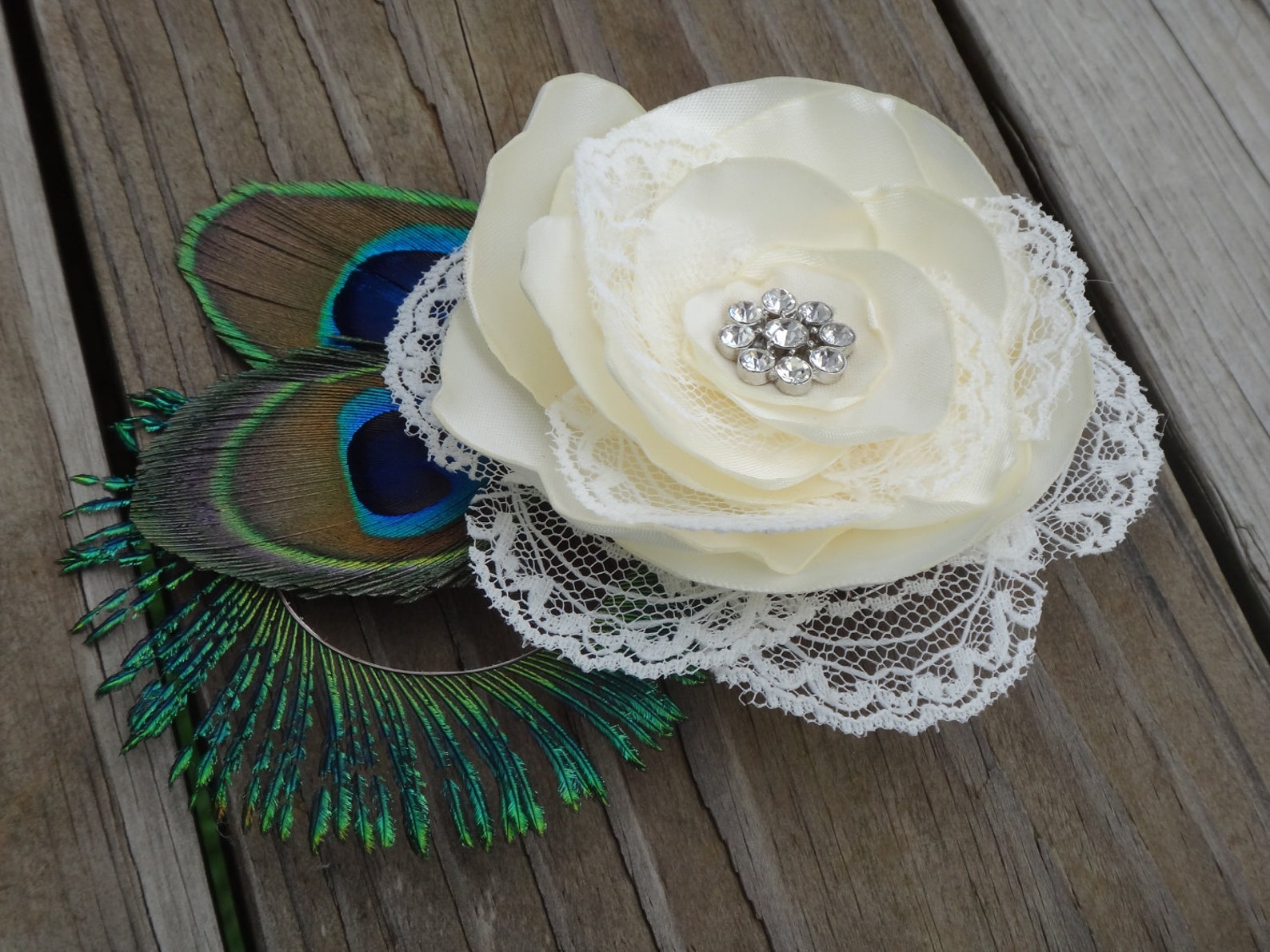 Bridal Ivory Satin Lace Flower Hair Clip Accented With a Etsy