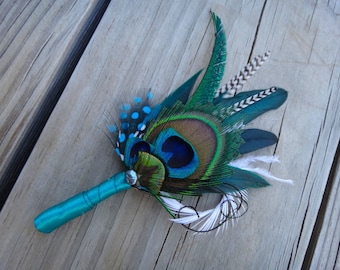 Peacock  boutonniere, button hole, peacock feather, wedding, customize ribbon color to match your wedding colors