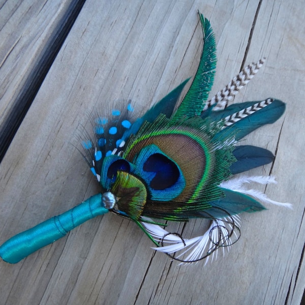 Peacock  boutonniere, button hole, peacock feather, wedding, customize ribbon color to match your wedding colors