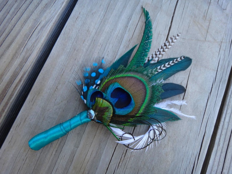 Peacock boutonniere, button hole, peacock feather, wedding, customize ribbon color to match your wedding colors image 1