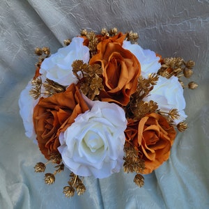 Ivory, burnt orange gold rose silk flower bouquet, artificial flowers