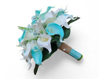 Aqua, turquoise calla lily bouquet with lilies of the valley, bridal bouquet, artificial calla bouquet,