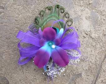 Galaxy orchid wrist corsage, pin on corsage, hair clip, peacock feathers, purple blue orchid, baby's breath, peacock feather corsage