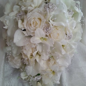Ivory cascading bouquet with real touch and silk roses, callas, velvety orchids, rhinestones brooch, pearl garland, artificial, bride
