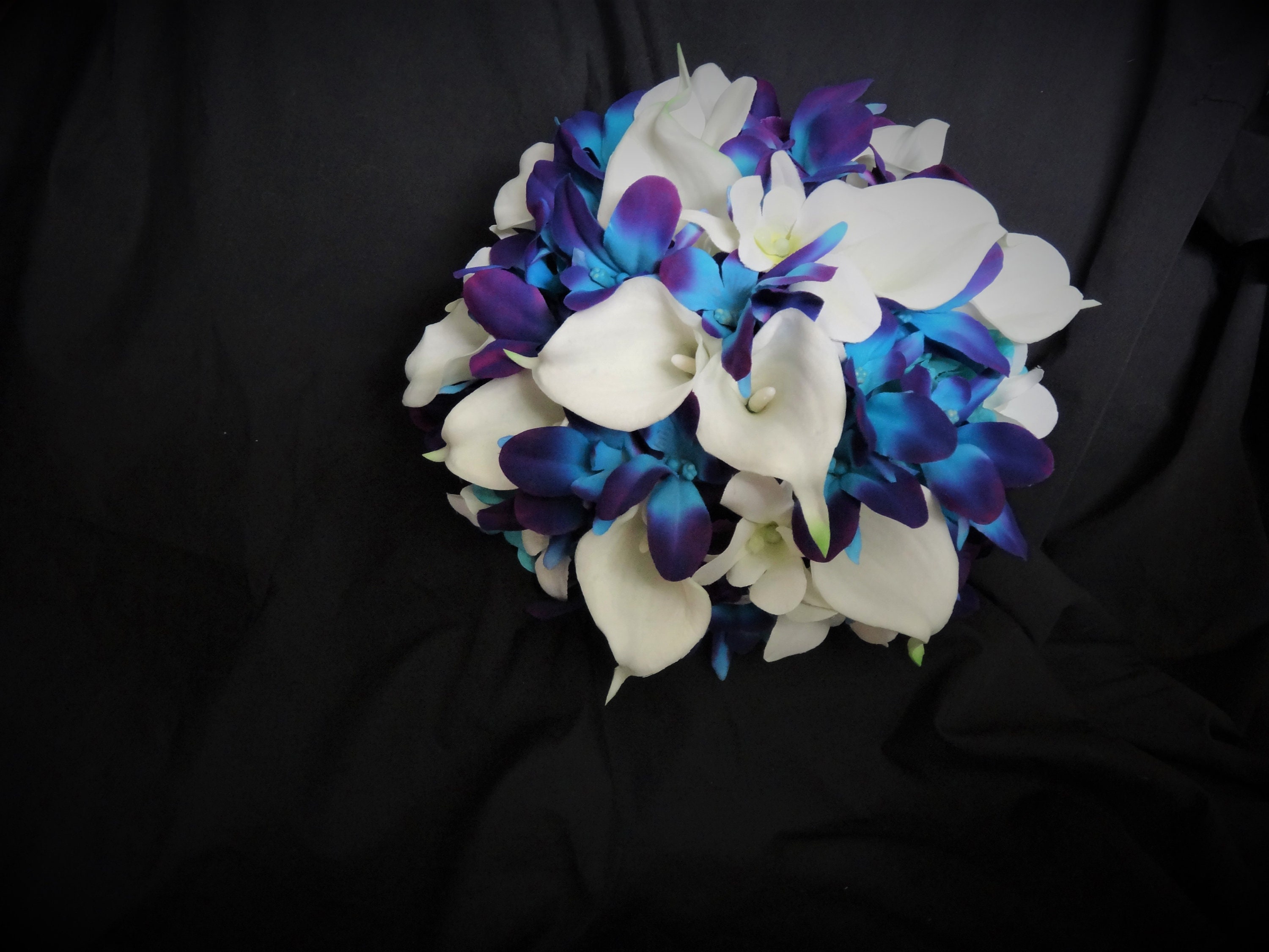 Teal Purple Royal Blue Calla Lily Galaxy Orchid Bridal Wedding Bouquet  Accessories 