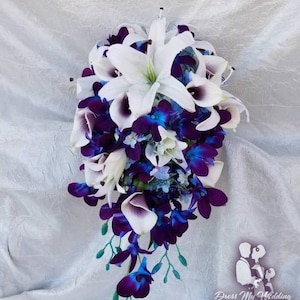 Cascading bridal bouquet, galaxy orchids, lilies, picasso calla lilies, blue hydrangea, teardrop bouquet, bouquet set,