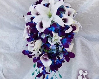 Cascading bridal bouquet, galaxy orchids, lilies, picasso calla lilies, blue hydrangea, teardrop bouquet, bouquet set,