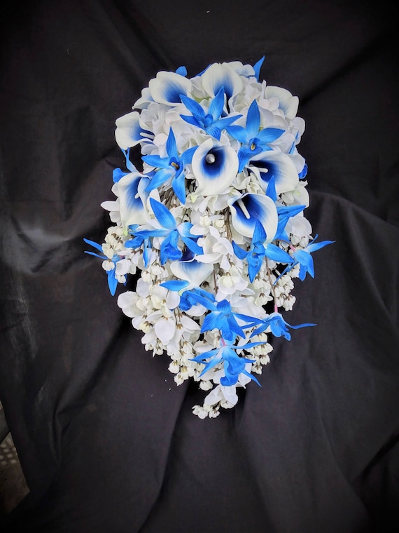 Royal Blue, White Cascading Bouquet, Bridal Cascade Bouquet, Calla