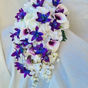 Cascading Purple blue dendrobium orchid bouquet, hydrangeas, wisterias, picasso calla lilies image 4