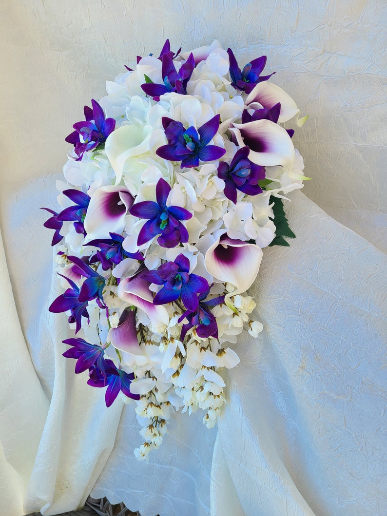 Cascading Purple blue dendrobium orchid bouquet, hydrangeas, wisterias, picasso calla lilies image 4