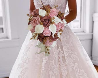 Artificial Wedding Bouquet Real Touch Rose Arrangement Dusty Pink Flower Cascade Style Chocolate Brown Ivory Calla Lily Gold Accent
