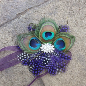 Peacock wrist corsage, peacock feather corsage with ribbon ties, Customizable