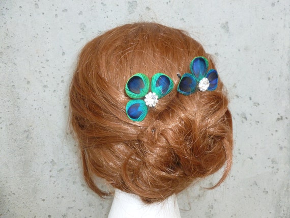 2 Peacock Hair Pins Peacock Feather Hair Pins Hair Clip Etsy