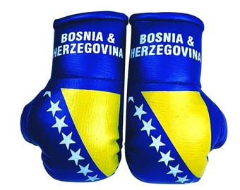 BOSNIA & HERZEGOVINA / BOSNIAN Flag Mini Boxing Gloves , Car Hanging Gloves , Souvenir , Decoration , Premium Quality , Sold as a Pair .