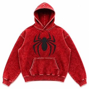 Spiderman Emblem Embroidered Hoodie | 400+ GSM Oversized Acid Wash Hoodie Red | Unisex Vintage Wash Streetwear Pullover | Y2K Grunge Hoodie