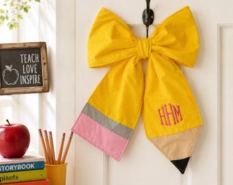 Personalized Teacher Pencil Bow, Classroom Door Decor, Custom Teacher Name or Monogram Gift