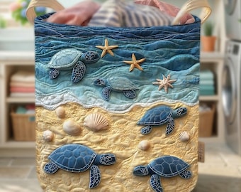 Sea Turtle Quilted Laundry Basket, Coastal Beach Hamper, Ocean Storage Bin, Nautical, Foldable Organizer