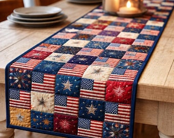 American Flag Quilted Table Runner, Fireworks Design, Patriotic Handmade Table Decor