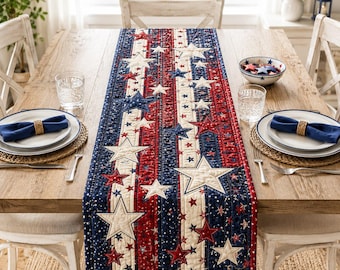 Patriotic Star Table Runner, Red White Blue Quilted Runner, Americana Farmhouse Decor, USA Holiday Table Centerpiece