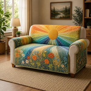 Puede incluir: Una colorida funda de sofá acolchada con un diseño de sol en tonos naranja, amarillo, azul y verde. La funda también tiene un borde floral con flores naranjas y blancas. El sofá tiene un marco de color neutro.